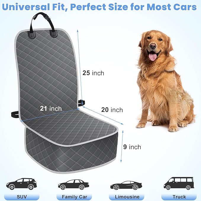 ELONGRIVER Dog Car Seat Covers, Waterproof Front Seat Cover for Dogs, Scratch-Proof, Nonslip Pet Passenger Seat Cover Protector, Universal Fit for Cars Trucks SUVs (Grey, Large Size)
