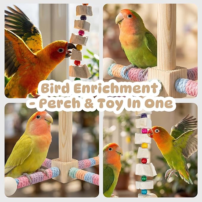 2 Pack Bird Toys Spinning Parrot Perch & 8pcs Cuttlebone String, Bird Cage Accessories for Parakeets Budgies Cockatiels