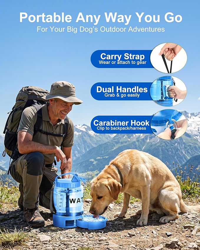 77oz Dog Water Dispenser, 2.2L Large Portable Dog Water Bottle with Pull-Out Drinking Bowl, BPA Free Leak-Proof Pet Travel Water Container for Camping, Hiking, Beach, Car Travel Essentials - Blue