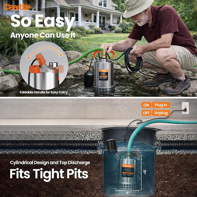 Stainless Steel Submersible Water Sump Pump with Float Switch, 3/4 HP, 3780 GPH Ideal for Pool, Yard, Flooded Cellar & Basement, Hot Tub, Pond, and Garden Draining, 10 FT Cord