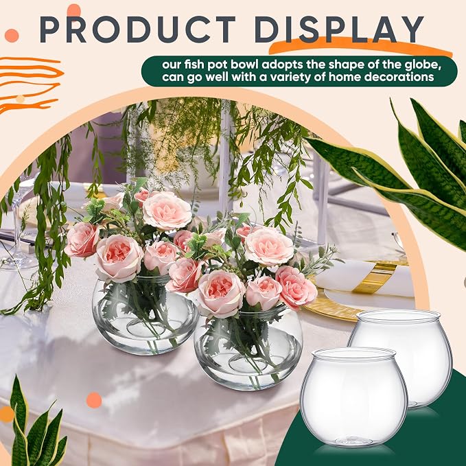 FoldTier 24 Pcs Plastic Fish Bowls 27 Oz Clear Round Vase Centerpieces | Shatterproof Acrylic Fish Bowl Drinks Container, Perfect Parties Wedding Table Decor, Versatile as Floral Vase or Terrarium