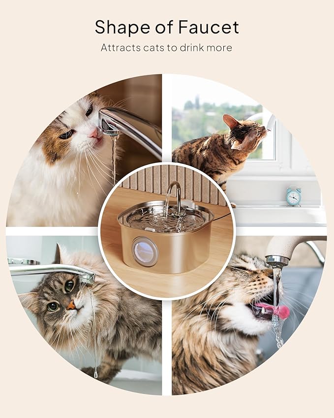 PEKTACO Stainless Steel Cat Water Fountain, 3.2L/108oz Cat Water Dispenser with Quiet Water Pump, Dishwasher Safe Pet Drinking Fountain for Cats
