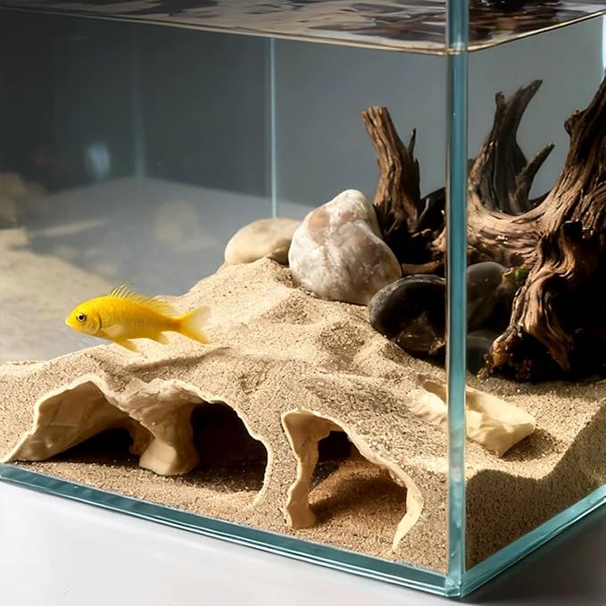 LIYAOLI Aquarium Ornaments Cave Tunnel with Viewing Ports | Fish Tank Decoration Hideout for Pleco, Shrimp & Corydoras | Substrate-Friendly Design & Sinking Base (S - Sand Color)