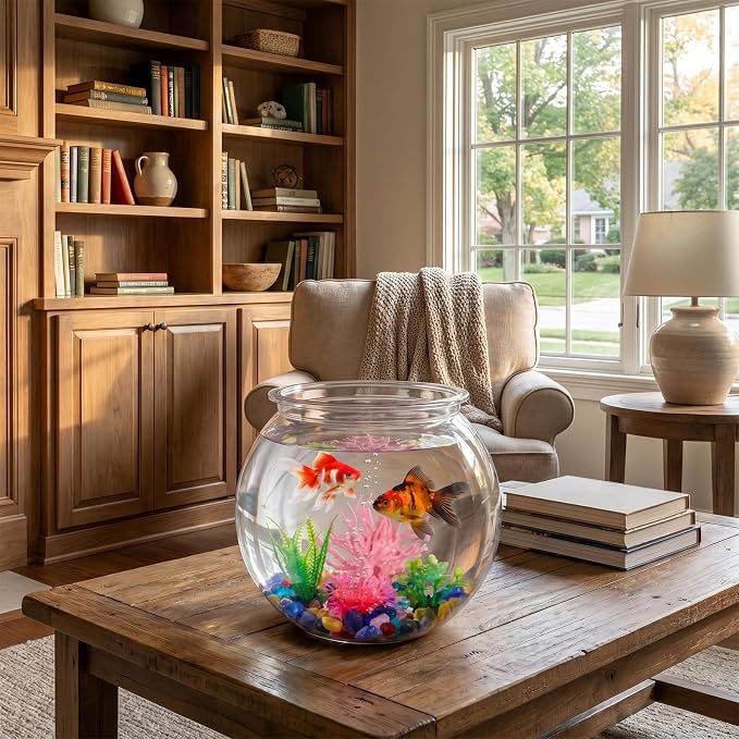 1 Gallon Clear Plastic Fish Bowl Set, Shatterproof Round Aquarium with Colorful Pebbles, 3 Artificial Plants and PVC Coral, Small Betta Fish Tank for Desk, Shelf, Home Decoration