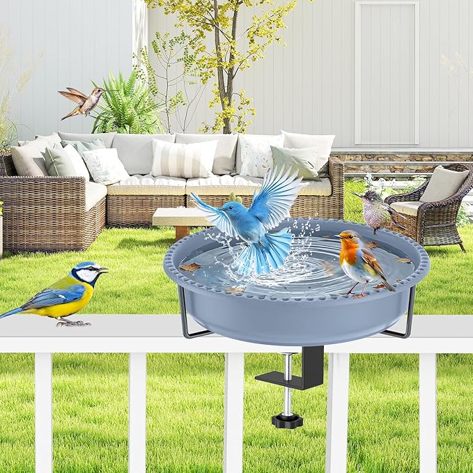 Bird Baths for Outdoors, Rustproof Metal Clamp Birdbaths & Birdfeeder with Detachable Plastic Basin, Outdoor Bird Feeding & Watering Station for Wild Birds Garden Patio Balcony (Grey)