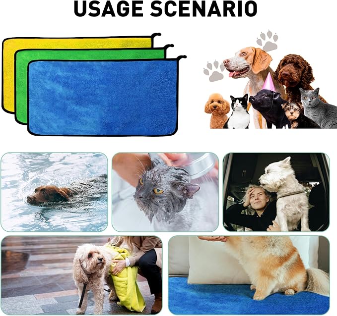 3 Pcs Dog Bath Towel Super Absorbent Puppy Drying Towel Microfiber Pet Grooming Towels for Medium Small Dogs Quick Dry Doggy Blanket, 40''x20''