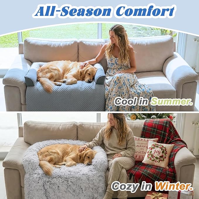 GGIB Cooling Dog Bed Mat with Bolster Pillow Washable Dog Couch Cover Breathable Summer Pet Couch Bed Protector Indoor(Small, Cooling Grey)