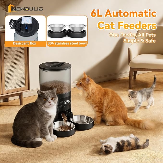 NEWBULIG Automatic Cat Feeder for 2 Cats, 6L Timed Pet Feeders with 10s Voice Recorder, Dog Food Dispenser, Dry Food, 6 Meals, Programmable 50 Portions, Dual Power Supply