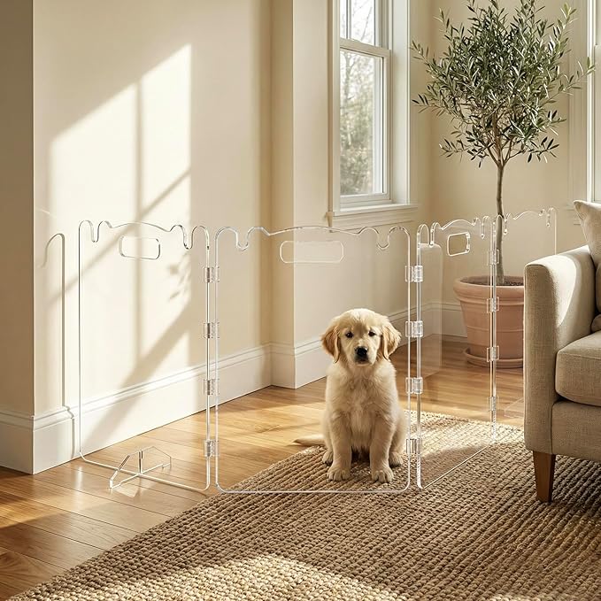 Acrylic Dog Gate, 31in Tall Freestanding Clear Pet Gate for Doorways, Transparent Clear Dog Gate Indoor for Large Openings & Stairs, Foldable Pet Gate for Dogs (4 Panel - 80'' W x 31'' H)