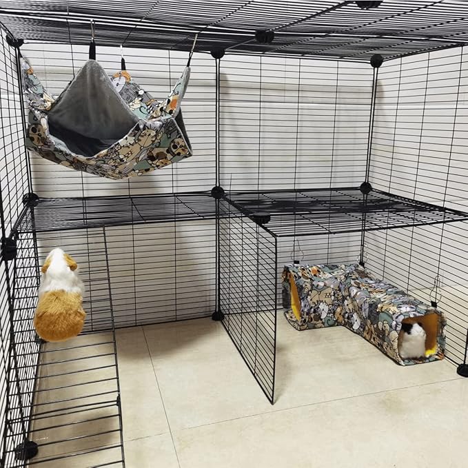 Guinea Pig Rat Corner Tunnel & Tubes Ferret Bunkbed Hammock, Guinea Pig Hideout for Hedgehog Piggy Hamster Hide, Small Animal Pet Toys and Cage Accessories (1.Hammock+hunnel)