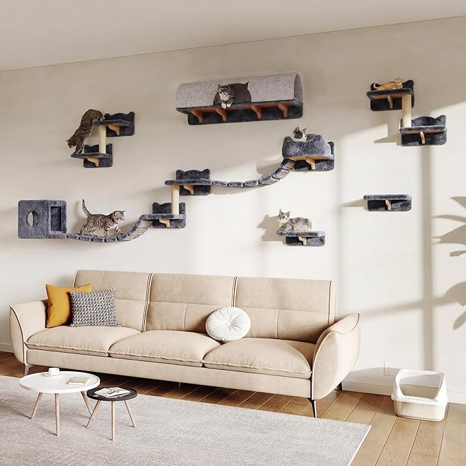 Cat Wall Shelves, Wall Mounted Cat Shelf Furniture with Plush Fabric(16 Piece Set), Cats Furniture with 40''L Tunnel, Condos, House, Steps, Bridge Ladder and Scratching Post, Grey
