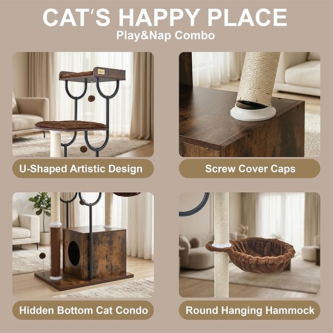FourFurPets Cat Tree for Large Cats, Modern Cat Tree Tower with Scratching Post, 74" Wooden Cat Tower for Multiple Adult Cats, Cat Condo for Adult Cats, 4 Large Perch, 1 Cat Caves, Rustic Brown