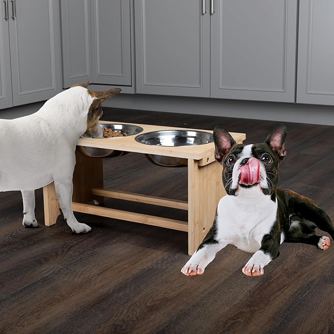 Elevated Dog Bowls - 10-Inch Tall Bamboo Raised Dog Bowl Stand with Nonslip Feet - Comes with Two 45oz Removable Dishwasher Safe Stainless Steel Pet Bowls - Puppy Essentials by PETMAKER
