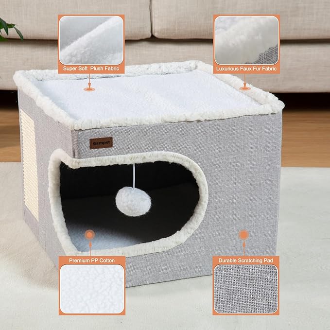 Garnpet Cat Bed for Indoor Cats Cube House, Covered Cat Cave Beds & Furniture with Scratch Pad and Hideaway Tent, Cute Modern Cat Condo for Multi Small Pet Large Kitten Kitty, Large, Grey