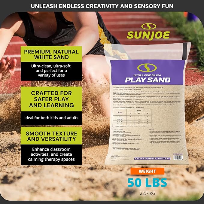 Sun Joe 5 Pack Silica Play Sand for Sandbox, Sensory Table & Garden Spaces, Ultra Fine, 50 Lbs - Natural Craft Accessory for Molding, Digging & Sculpting - Ideal for Indoor and Outdoor Use