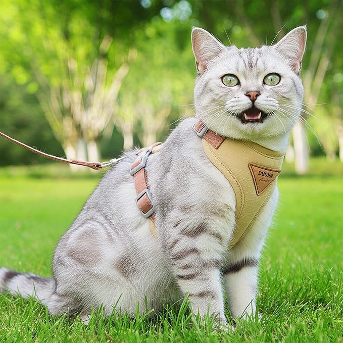 Escape-Proof Cat Harness and Leash Set - Adjustable and Comfortable - Ideal for Walking Cat Outdoors - Fits Small Dogs, Kittens, Medium, and Large Cats (Beige, XS)