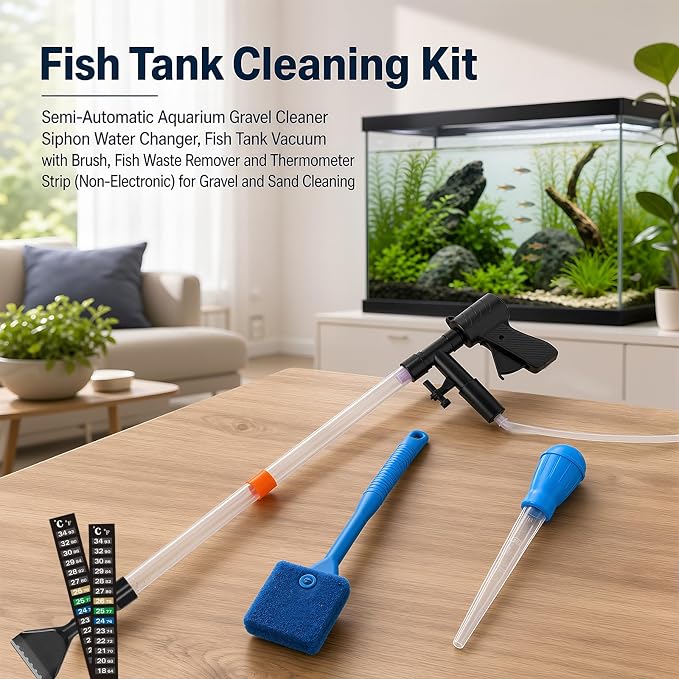 Aquarium Gravel Cleaner Kit, Semi-Automatic Siphon for Fish Tanks | Gravel & Sand Compatible Removes Fish Waste & Debris Water Change Made Easy Cleaning Brush Thermometer Strip Included