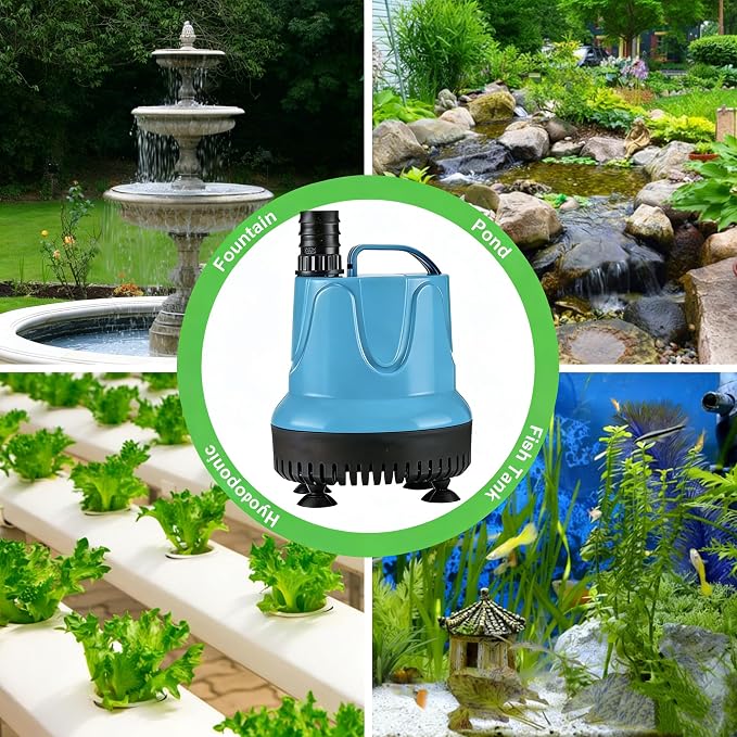 Submersible Pump, 1320GPH(105W 5000L/H), Ultra Quiet Water Fountain Pump with 16.4ft Tubing (ID x 1/2-Inch), Compact Fountain Water Pump for Fish Tank, Pond, Aquarium, Statuary, Hydroponics
