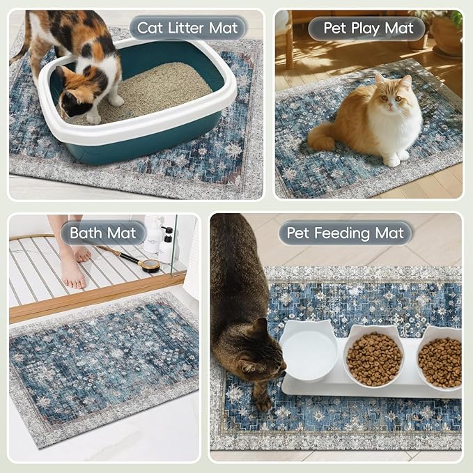 Cat Litter Mat Litter Trapping Mat, 33"x22" Waterproof Urine Proof Litter Box Mat Catcher Mat Non-Slip Washable for Kitty Kitten, Blue