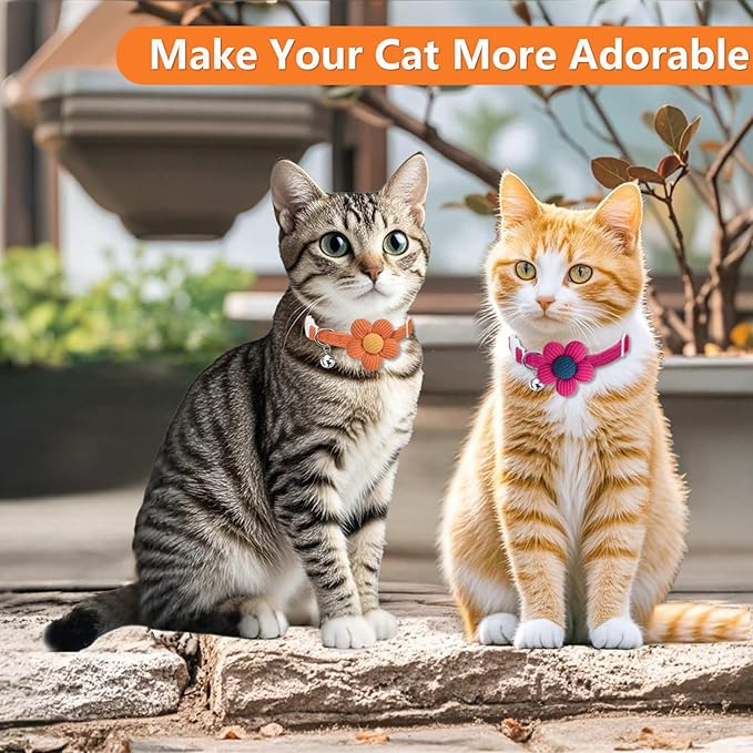 Cat Collar, HANSHILAI Kitten Collar with Bells, Cute Cat Collar Breakaway for Girl Boy with Flower,Collar para Gatos (2 Pack) (Orange & Rose Red)