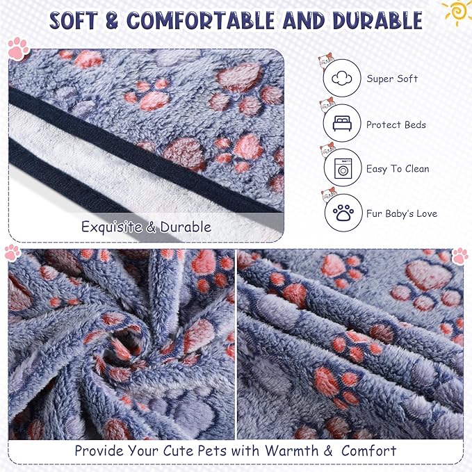 Tatuo 4 Pack Fleece Dog Blankets for Puppy Cats Multi-Size Sleep Mat for Pet Guinea Pig Soft Washable Warm Crate Bed Puppy Teething Toys Print Pattern Blanket Indoor(Blue,24 x 16 Inch,Paw)