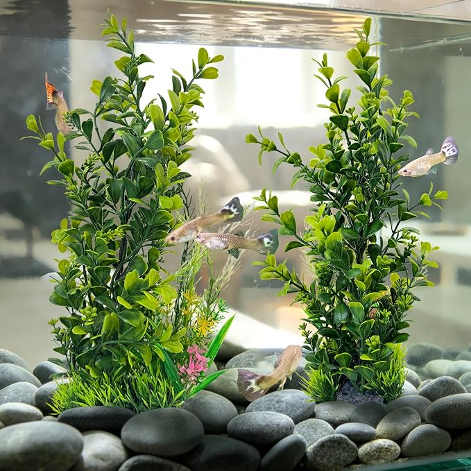 kathson 2Pcs Plastic Aquarium Plants 12.6 Inch Artificial Fish Tank Plants Large Aquarium Decorations Fake Seaweed Tall Fish Tank Decorations (Green)