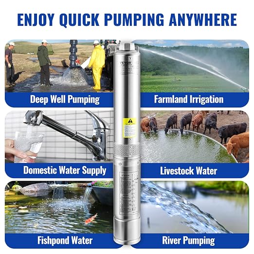 VEVOR Deep Well Submersible Pump, 0.5HP/370W 115V/60Hz, 28GPM Flow 167 ft Head, with 33ft Electric Cord, 4 inch Stainless Steel Water Pumps for Industrial, Irrigation & Home Use, IP68 Waterproof Grade