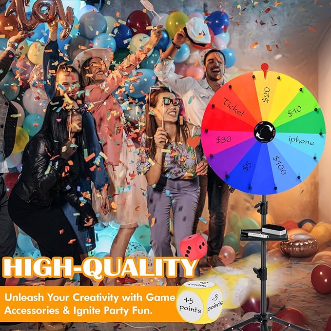 24 Inch Prize Wheel Spinner with Stand, Ajustable 34"-63" Height Heavy Duty Spinning Wheel for Prizes, Spin The Wheel Game with Stand for Tabletop or Floor, Suitable for Trade Show, Family, 14 Colors