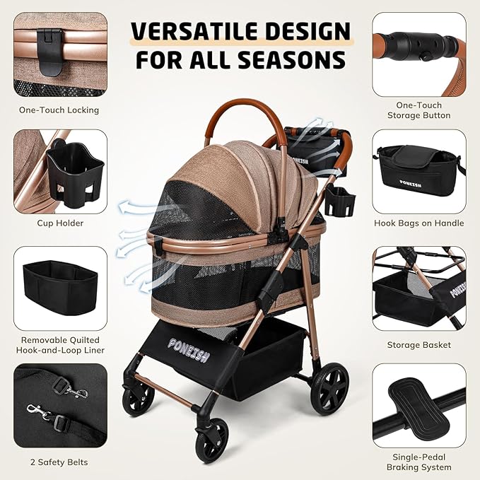 Pet Stroller for Small/Medium Dogs & Cats Up to 50 lbs, 3-in-1 Foldable Stroller w/Detachable Carrier & Car Seat, Removable All-Season Liner, Sunshade, Storage Basket & Cup Holder, All-Terrain, Khaki