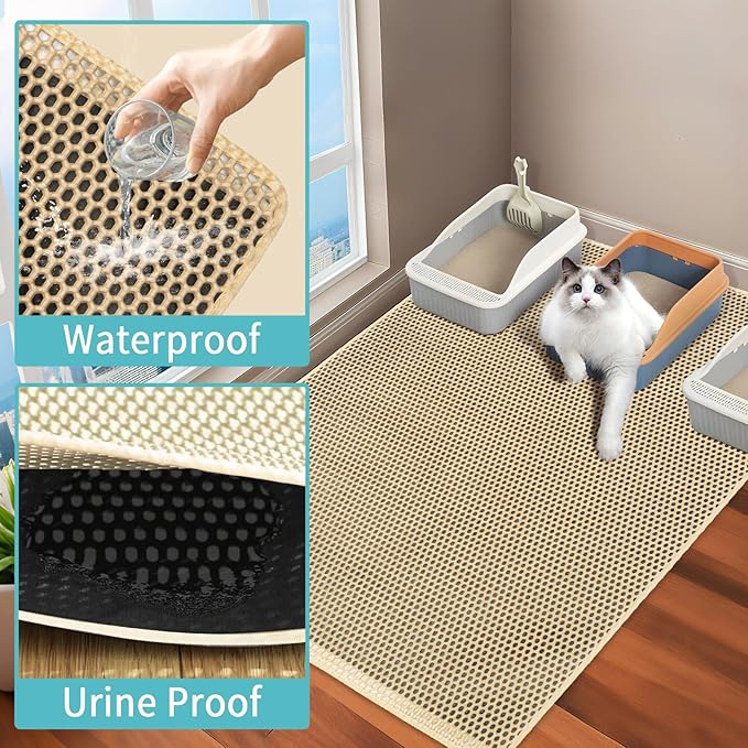 Extra Large Litter Box Mat,XXL 47x36 inch Cat Litter Tracking Mat,Double Layer Litter Matt Rug,Non-Slip Waterproof Multi-Cat (Khaki)