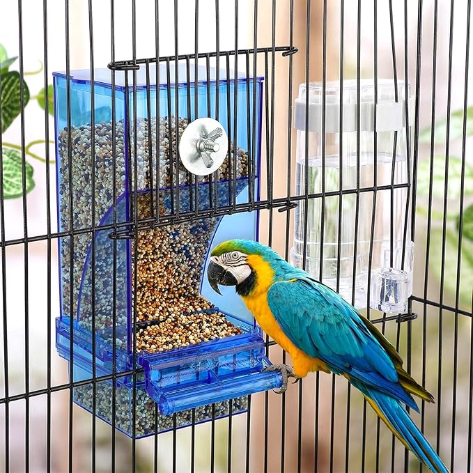 Yaomiao 6 Pcs No Mess Bird Feeders Automatic Clear Parrot Water Dispenser Acrylic Quail Feeder and Watered Cage Accessories Indoor for Small and Medium Parrot Cockatiel Canary (Blue Feeder)