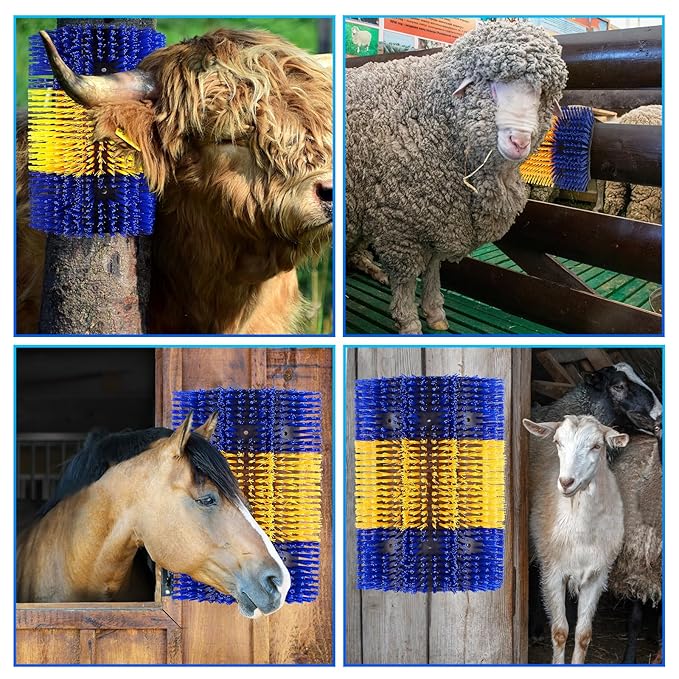 Extra Large Size Livestock Scratching Brush, Upgraded Horse/Goat/Cow/Cattle Scratcher Brush for Grooming, Itch Relief Horse Scratcher Brushes Kit with Two Sets of Mounting Screws(8-Pack,Yellow)