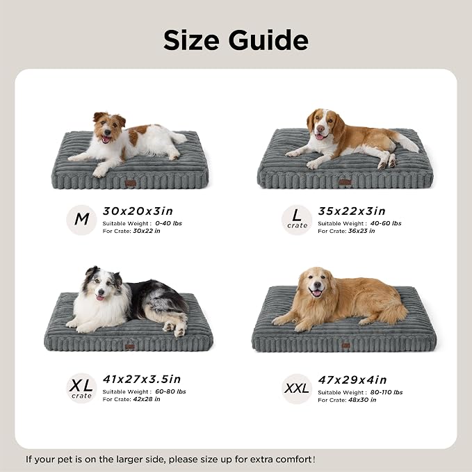 Bedsure ComfyFleece™ Fluffy Plush XXL Dog Bed Crate Pillow 47x29 Cream | Aesthetic Crate Bed for Balanced Support Cute Chopped Foam Pad with Removable Washable Cover Non-Slip Waterproof Cozy Pet Mat