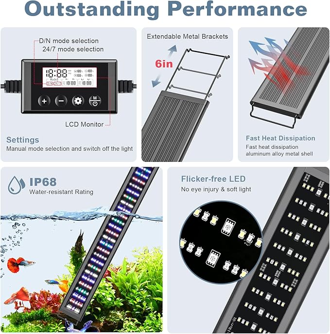 LED Aquarium Light Full Spectrum Fish Tank Light with RGB Brightness/Color Stepless Adjustment, 24/7 Day-Night Cycle Mode, Auto On/Off Timer, IP68 Waterproof (48W for 48'' - 54'' Tank)