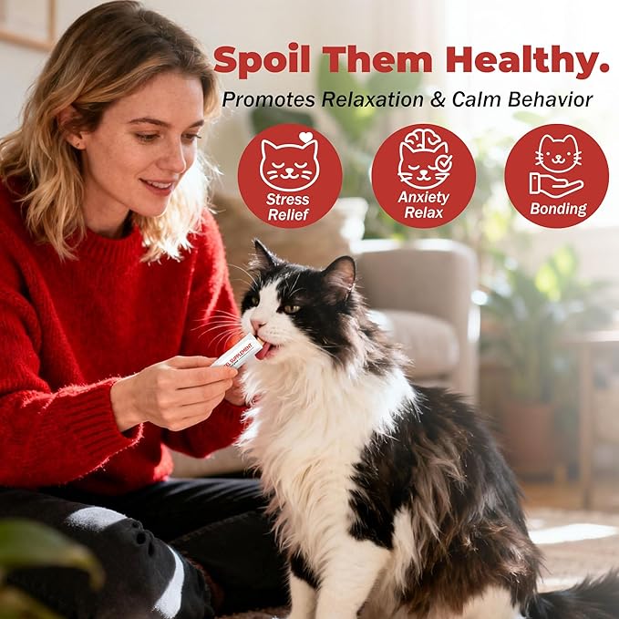 Cat Calming Treats – Natural Stress, Anxiety & Shock Relief for Cats – Featuring L-Theanine, L-Tryptophan & Catnip – 100% Veterinarian Formulated, 30 Likable Gel Tubes for Quick Calm & Relaxation