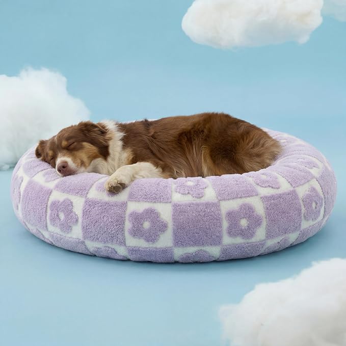Lesure Shown on TV Donut Dog Beds Large - XL Calming Round Sofa as Present for Pets with Washable Cover, Orthopedic Home Decor Bed with Jacquard Shaggy Plush & Anti Slip Bottom, 36 Inch,Flower Checks
