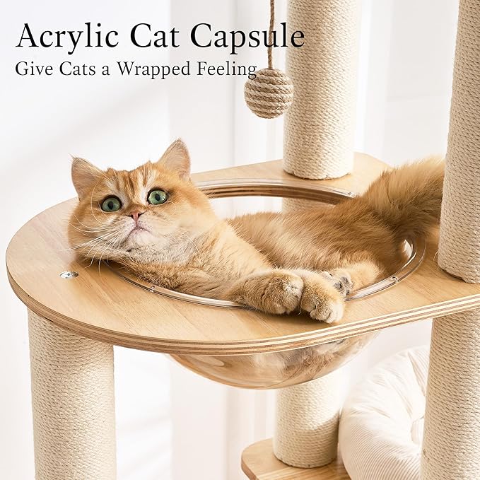 797Audio Modern Wood Cat Tree Tower, 60" Cat Tree with Sisal Scratching Posts, Capsule and Scratch Pad for Indoor Cats, Solid Rubber Wooden Cat Tree,Large Platform Multi-Level Tree for Large Adult Cat