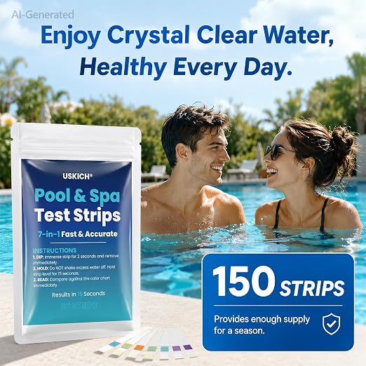 7 in 1 Pool Test Strips, 150-Count Hot Tub & Spa Test Strips, Pool Water Testing Kit Accurately Tests Bromine, Total Alkalinity, pH, Free Chlorine, Total Hardness, Cyanuric Acid and Total Chlorine