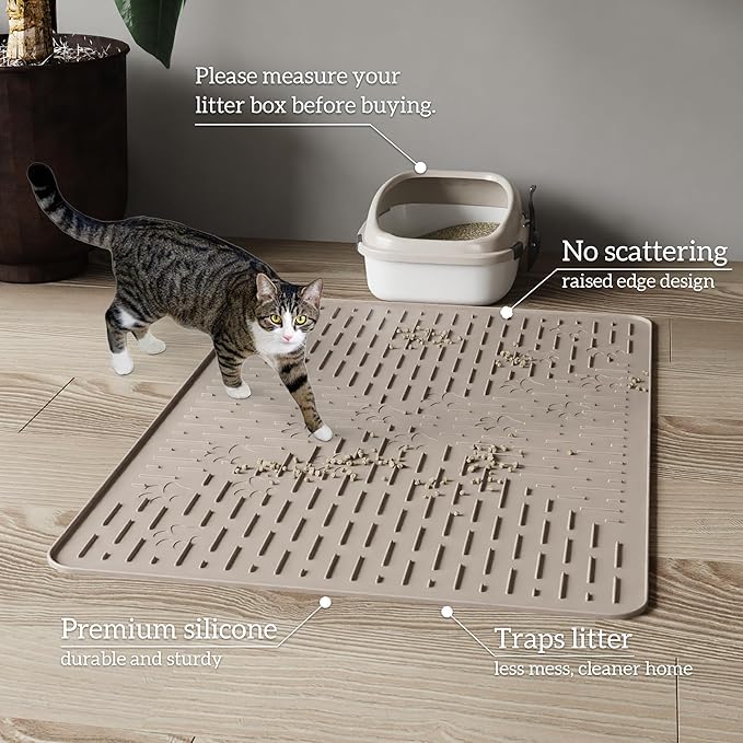 OHMO Cat Litter Mat XXL Trapping Mat Premium Silicone Rubber 37.5x25.2 Beige,Waterproof and BPA Free Kitty Litter Box Mat, Easy to Clean and Keeps the Floor Tidy