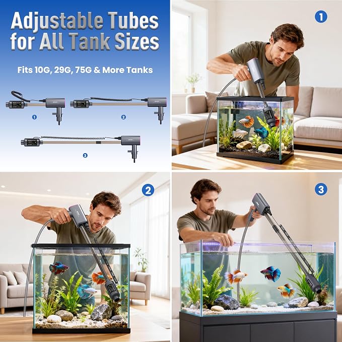 Cordless Aquarium Gravel Cleaner: 36W Electric Fish Tank Vacuum Cleaner | Rechargeable & 4 Adjustable Suction, Anti-Clog for Debris Clean & Sand Washing,Automatic Water Changer for 10-75 Gallon Tank