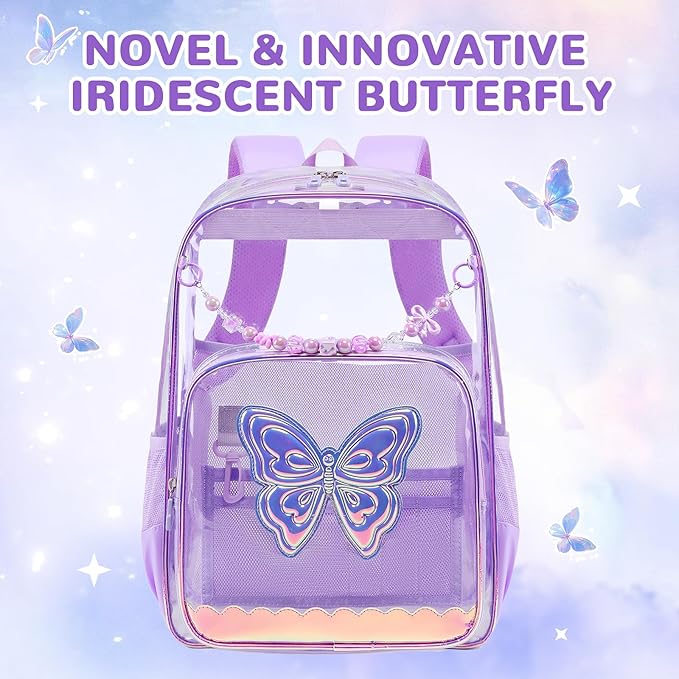 MUSEVOS Clear Backpack, Clear Bookbag for School PVC Heavy Duty Transparent Backpack for Girls, Purple Butterfly