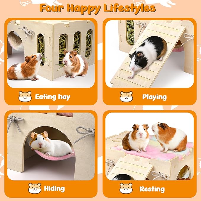 4 in 1 Upgraded Guinea Pig Hideout, Large Guinea Pig Castle with Hay Feeder, Hammock, House and Ramp, Easy to Assemble Wooden Guinea Pigs Toy for Chinchilla Rabbit Guinea Pigs Accessories