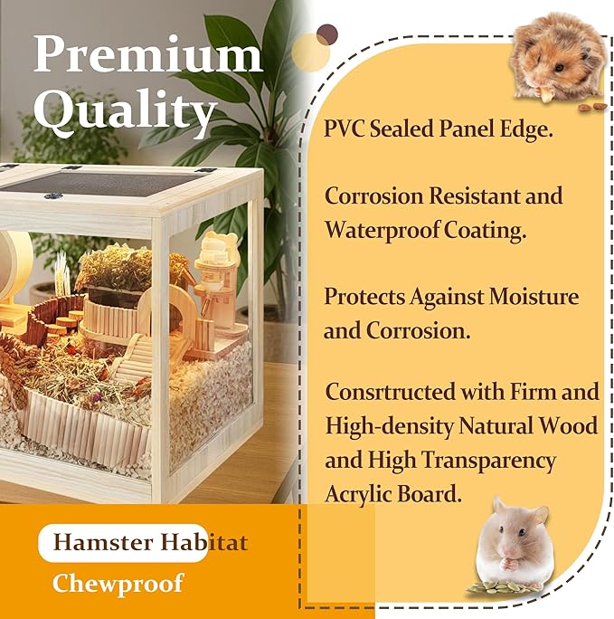 PROLEE Hamster Cage with Metal Mesh Top, Chewproof Wooden Guinea Pig Cages, Mice and Rat Habitat,Large Hamster Cages with Acrylic Sheets Solid Built (32X16X16 Inch)