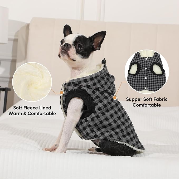Vecomfy Fleece Lining Dog Hoodie for Medium Dogs Extra Warm Plaid Sweater with Drawstring Hooded Coats in Winter Doggie Jacket,Black L