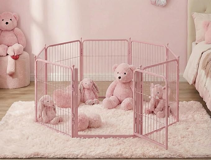 Pink Dog Playpen for Small Dogs & Puppies - 24 Inch Metal Pet Fence Indoor Outdoor with Door, Foldable Exercise Pen, Portable Rabbit Enclosure for Camping, RV, Yard (8 Panels)