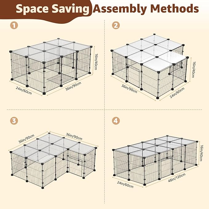 Tinnmao 20 Panels Small Animal Playpen with Roof, Waterproof Base Mat + 2PCS Washable Pee Pads, Indoor Denser & Thicker C&C Grid Cage for Guinea Pigs Rabbit Puppy Kitty Accessories (Black Metal Frame)