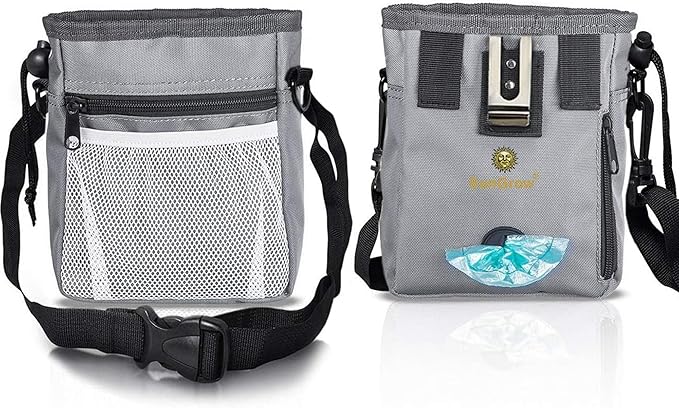 SunGrow Dog Travel Pouch, Training Bag for Treats, Kibbles, Toys & Accessories, Gray, Multiwear and Weather-Proof, 1 Pouch with Adjustable Shoulder Strap and Waist Belt