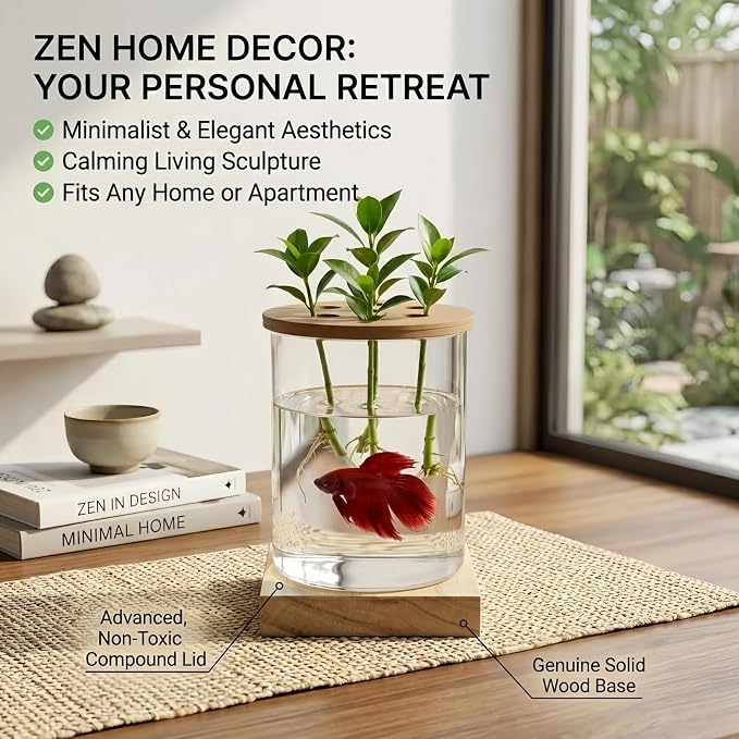 Desktop Aquaponic Betta Fish Tank, Ultra-Clear Borosilicate Glass Hydroponic Planter Vase with Premium Polymer Lid & Solid Wood Base, Small 4.33" Desktop Eco-Aquarium Jar for Home Office Decor