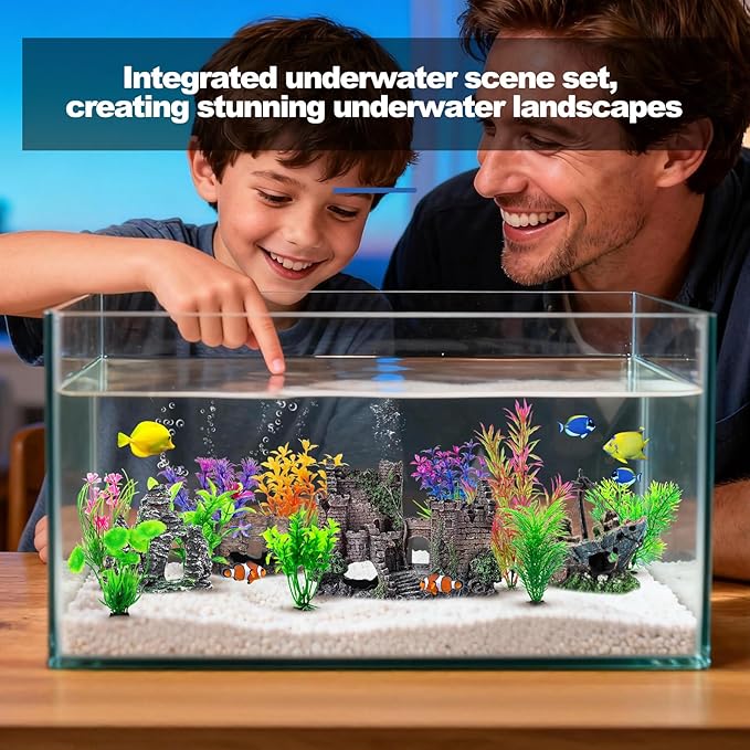 CousDUoBe 14 Pcs Aquarium Decorations Large Kit,Castle Fish Tank Bubbler Decorations,Starfish Barrel, Resin Cave Rock,Resin Material Sunken Ship,Aquarium Plants Large Fish Bowl Ornaments