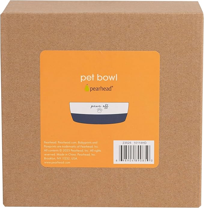 Pearhead Ceramic Cat Bowl – Navy Blue “Paws Off” Design, Holds 12 oz, Stoneware Pet Dish, Non-Skid Feeding Bowl
